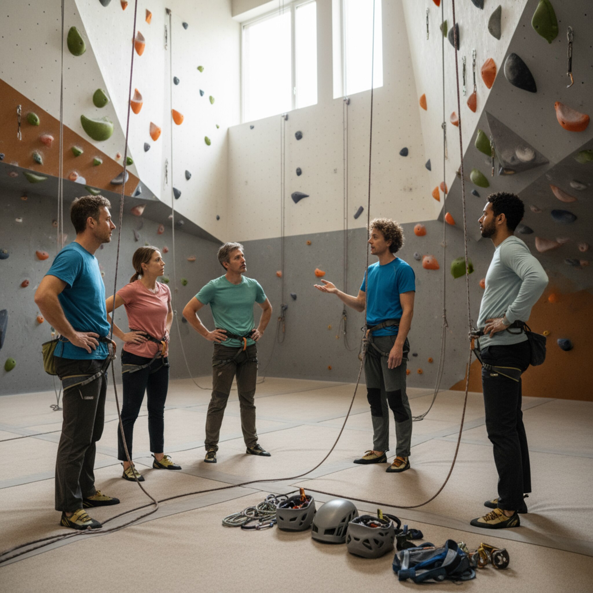 Eine kleine Gruppe steht im Halbkreis, der Coach erklärt ruhig die nächsten Schritte. Seile hängen bereit, Material liegt geordnet am Rand. Die Beleuchtung ist weich, der Raum wirkt strukturiert. Konzentrierte, motivierte Kursatmosphäre ohne Ablenkung.