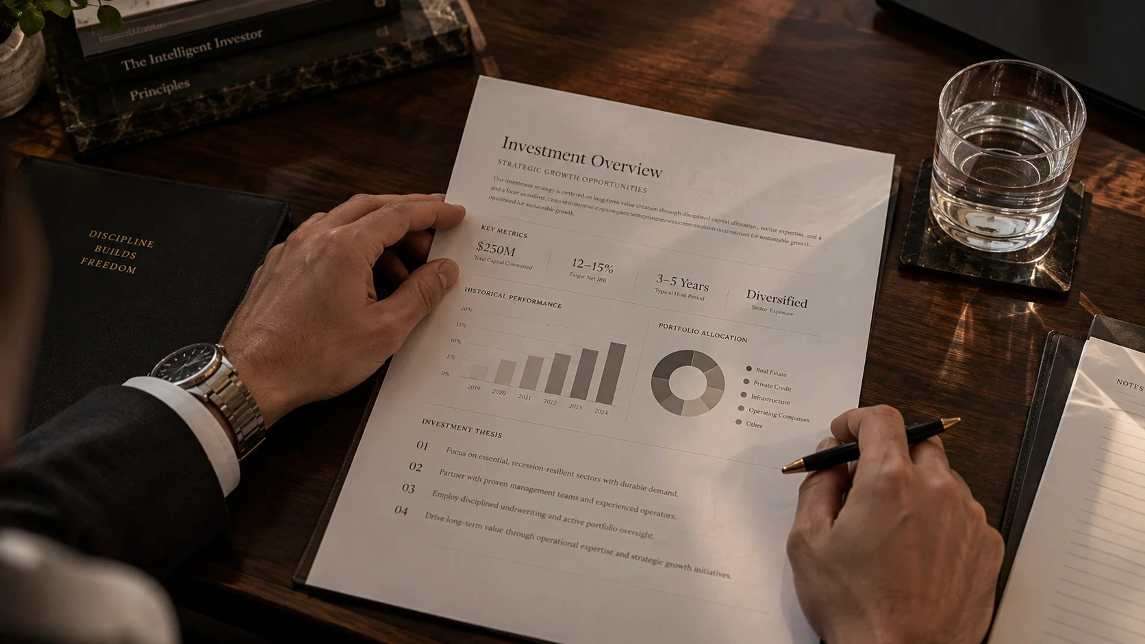 Financial document review on dark wood desk representing capital preservation discipline in real estate lending