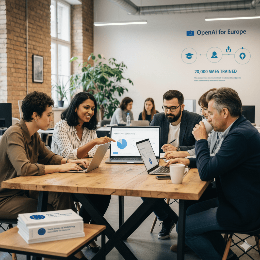 A diverse group of professionals collaborate around a wooden table in a modern office, discussing data displayed on laptop screens, symbolizing OpenAI's EU Blueprint 2.0 initiative.