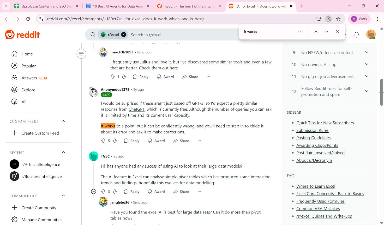 Reddit discussion where users say AI for Excel works to a point but can produce confident errors that require manual correction