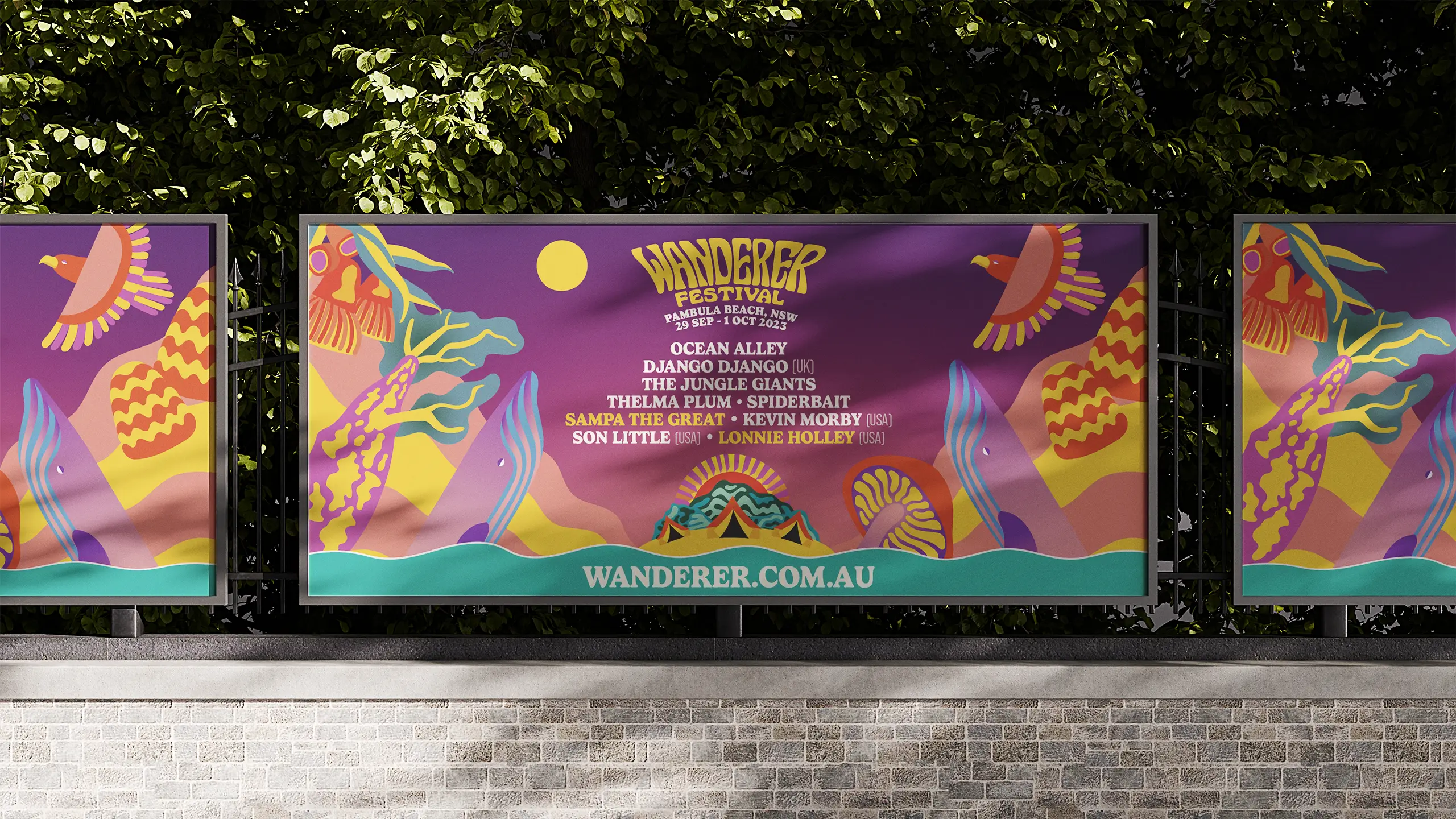 Wanderer Festival billboard design with illustration and brand typography and palette.