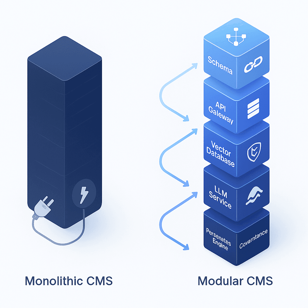 Isometric diagram contrasting monolithic legacy CMS with modular AI-native CMS stack.