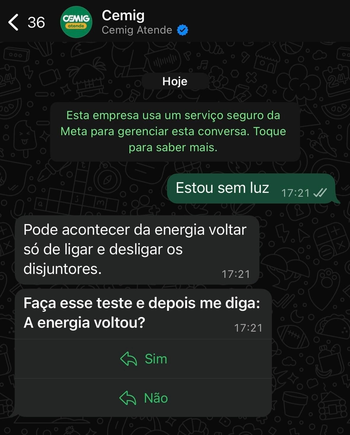 Tela de Atendimento da Cemig por Whatsapp