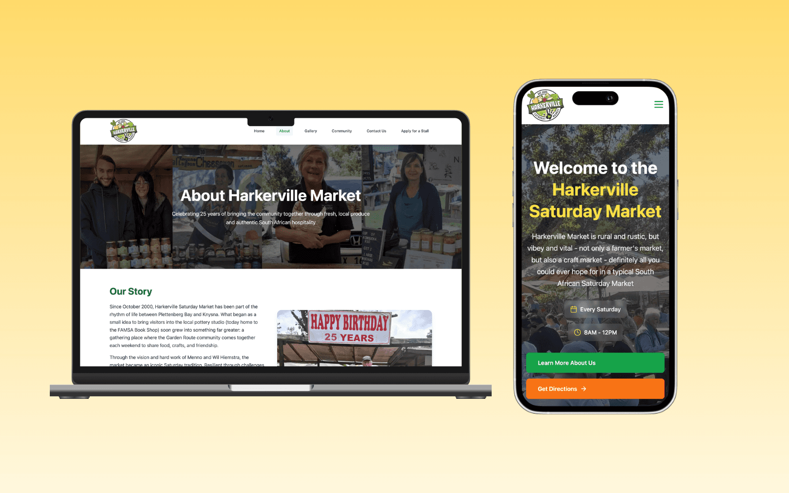 Mockup of a laptop and iPhone displaying the Harkerville Market website