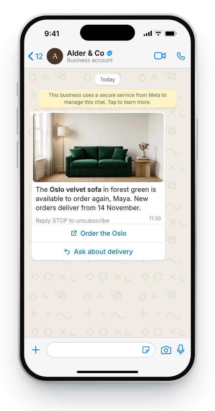 Open for orders, with a delivery date: WhatsApp restock alert on an iPhone