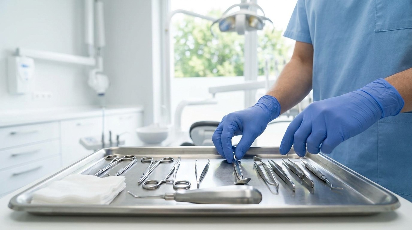 A dentist prepares a sterile instrument tray for a same-day tooth extraction in a bright treatment room.
