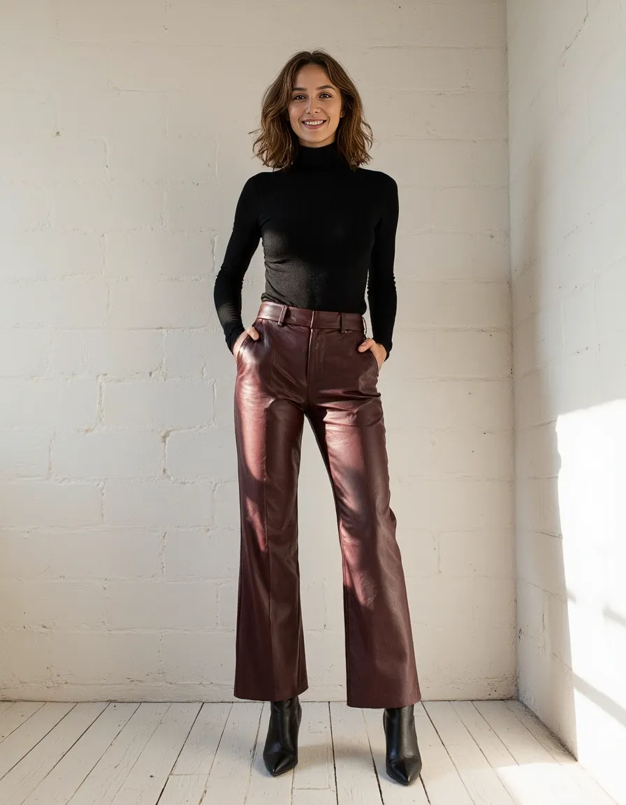 Fashion portrait featuring black turtleneck paired with burgundy leather pants against minimalist white brick wall setting with soft natural light