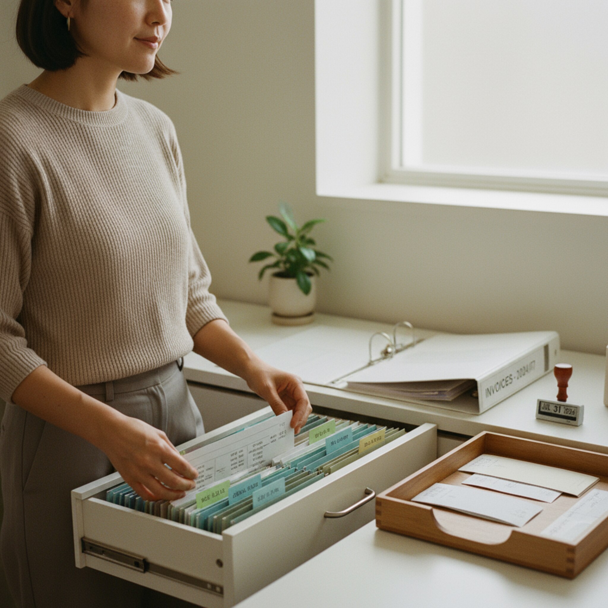 Ein Ordner mit Rechnungen liegt neben einem Stempel und einer Ablage für Belege. Eine Mitarbeiterin sortiert datierte Dokumente sorgfältig in eine Schublade. Die Ordnung signalisiert nachvollziehbare Abläufe. Alles ist bereit für den Monatsabschluss.