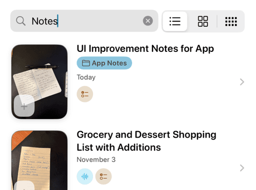 App view of library with search for 'notes' and notes item on screen in a list view.