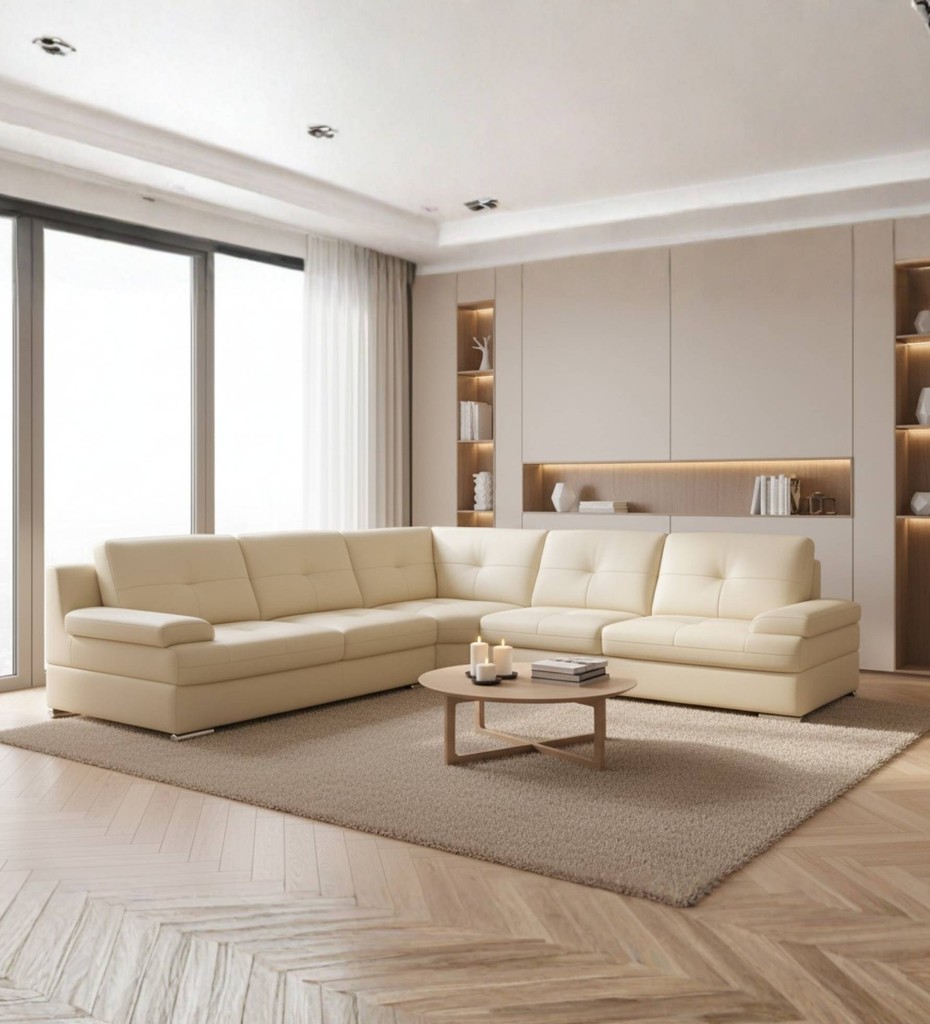 Elegant contemporary fabric sofa with curved arms and wooden base