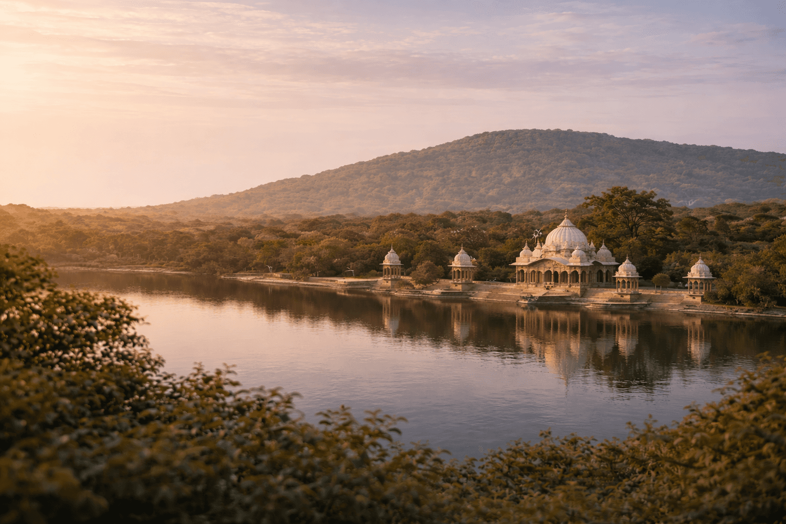Landscape with a vineyard in rows leading to a building with a tower, rolling hills in the distance.