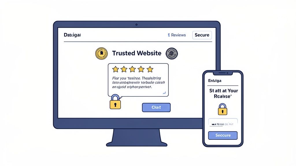A desktop monitor and a smartphone showing secure website design with padlock icons and trusted website indicators.
