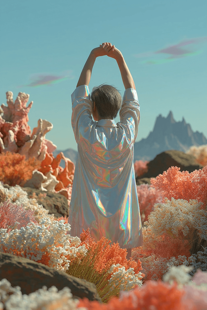 Editorial visual – person seen from behind in an iridescent coat, set into a field of coral-pink and white plant formations under a clear sky, CGI still life.