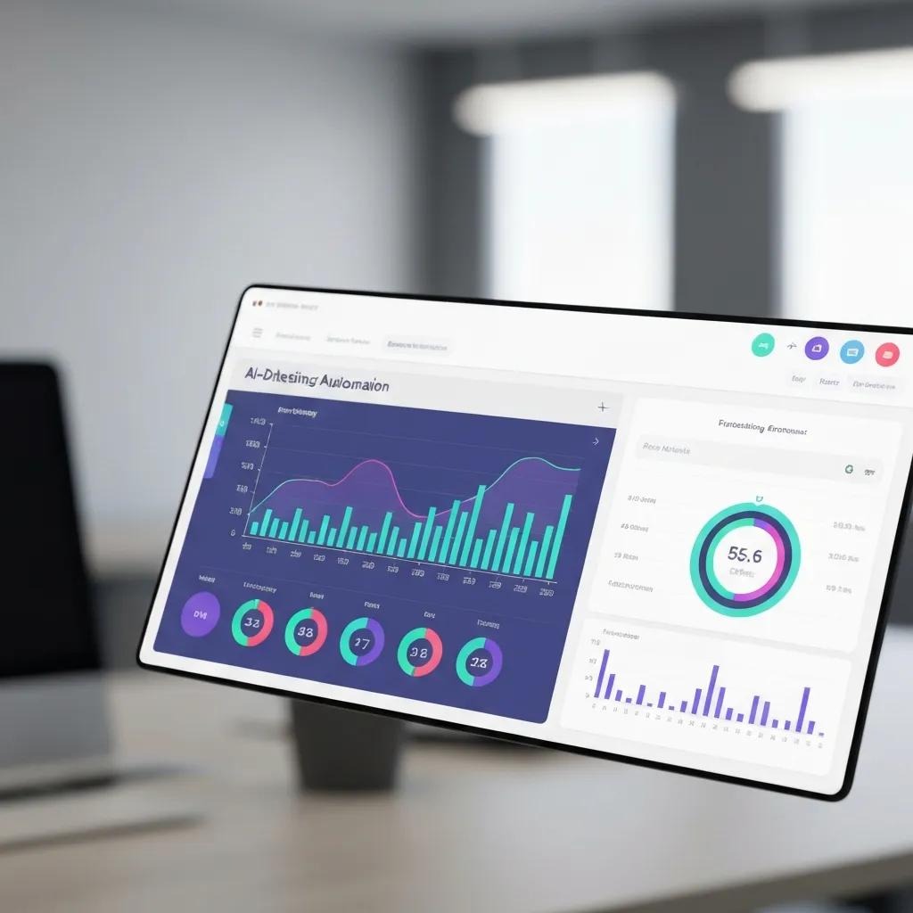 A digital dashboard showing AI marketing automation metrics and analytics