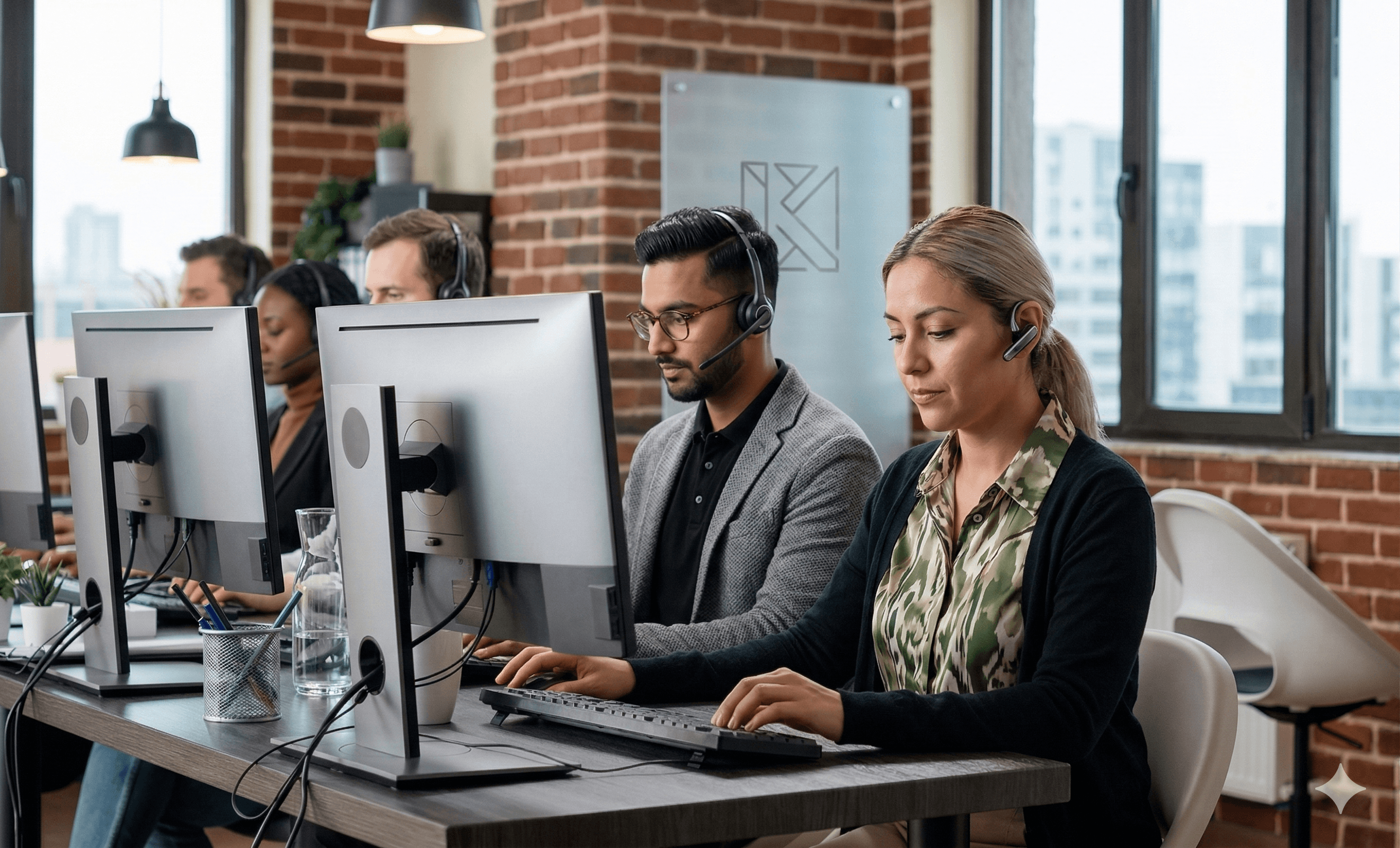 Diverse team of professional customer support representatives wearing headsets and working at computers in a modern office with brick walls.