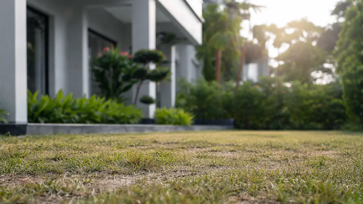 Dry lawn without irrigation, garden before sprinkler system installation