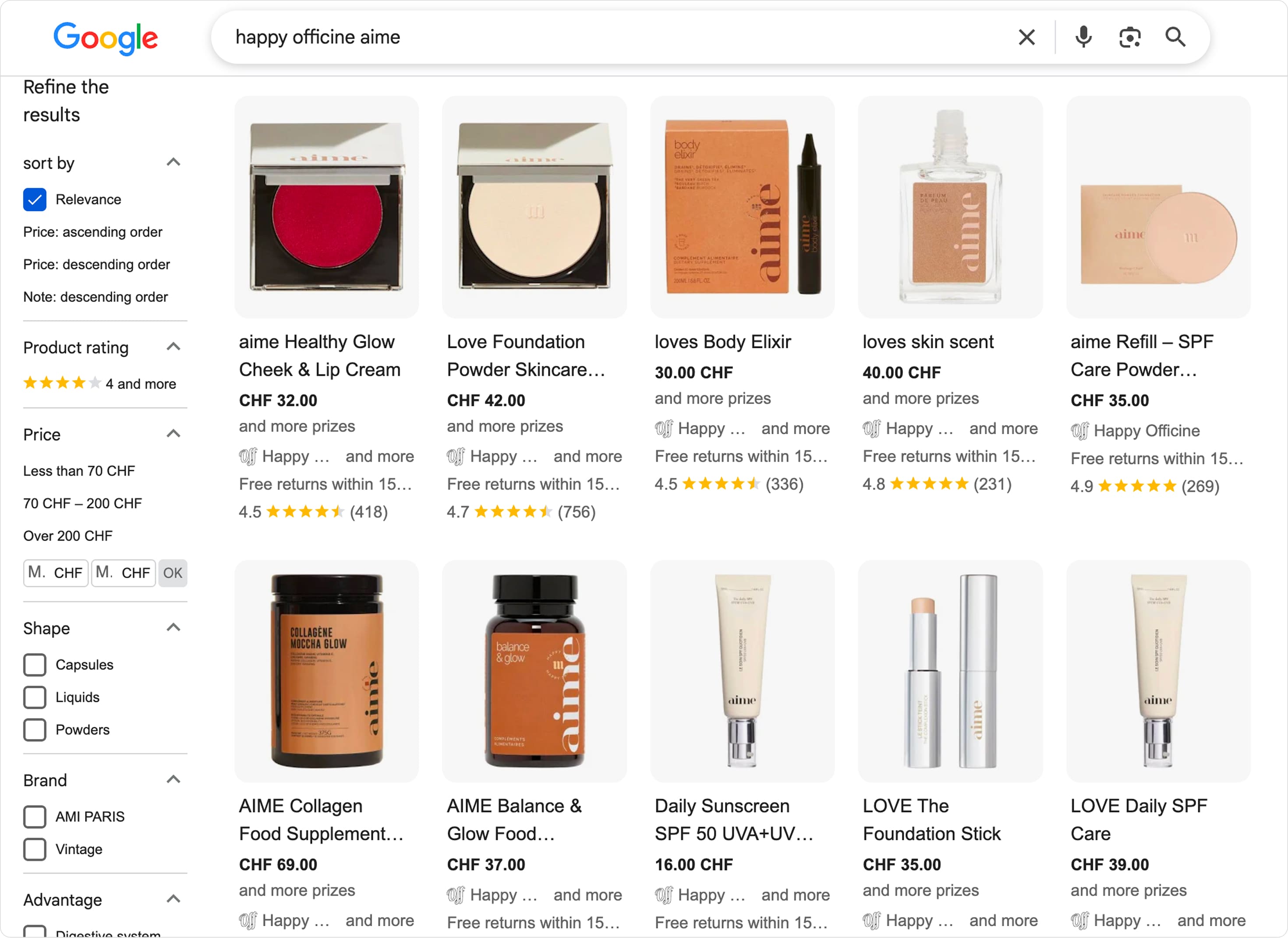 Google Shopping results showcasing Aime skincare and beauty products available via Happy Officine marketplace