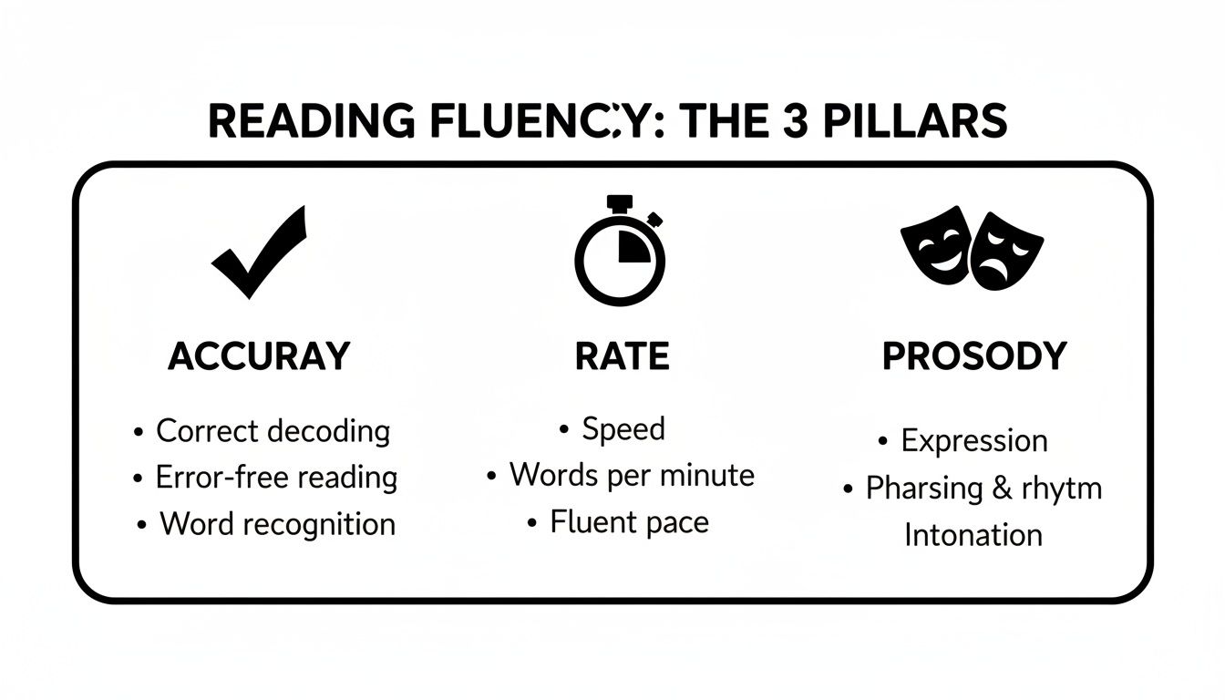 An infographic illustrating the three pillars of reading fluency: accuracy, rate, and prosody, with key components.