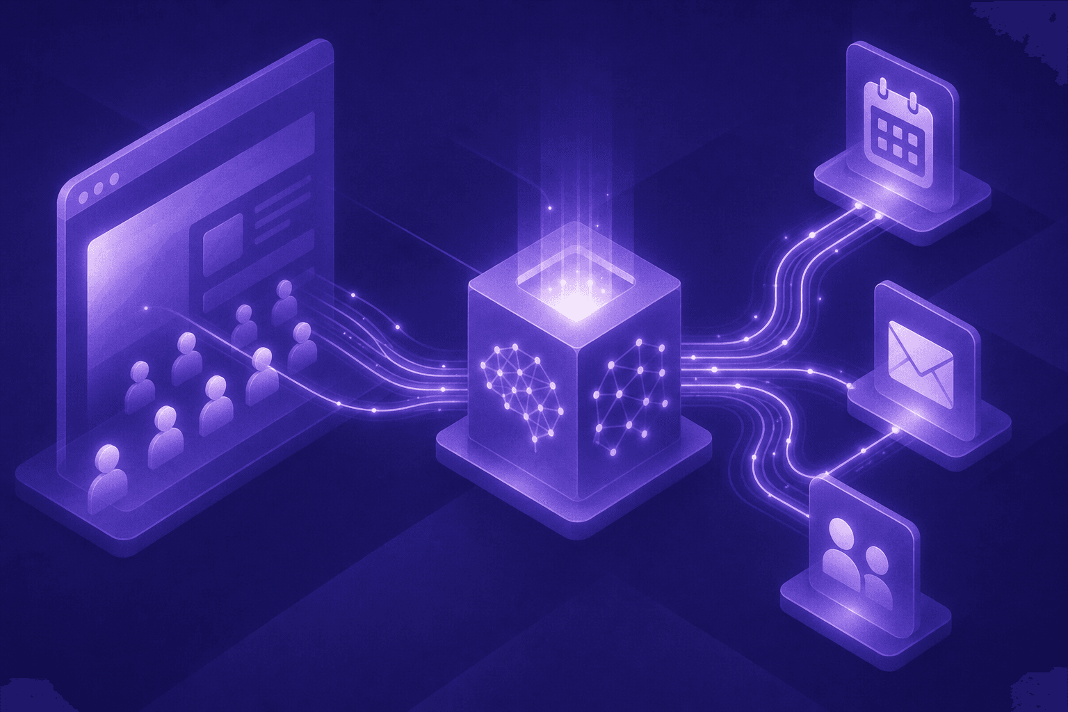 A futuristic digital workflow visualization showing an automated sales pipeline: a glowing website interface on the left with anonymous visitor silhouettes, connected by flowing neon data streams to an AI processing hub in the center with neural network patterns, then branching out to calendar booking icons, email symbols, and LinkedIn icons on the right, all interconnected with smooth curved lines on a dark navy background with subtle blue and purple gradients, clean modern technology aesthetic