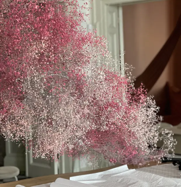 Instalación artística de flores preservadas en tonos rosados y blancos suspendidas en el aire, formando una nube etérea junto a una mesa de madera con velas rosas y papel desplegado, en un salón de estilo clásico con molduras y estanterías decorativas.