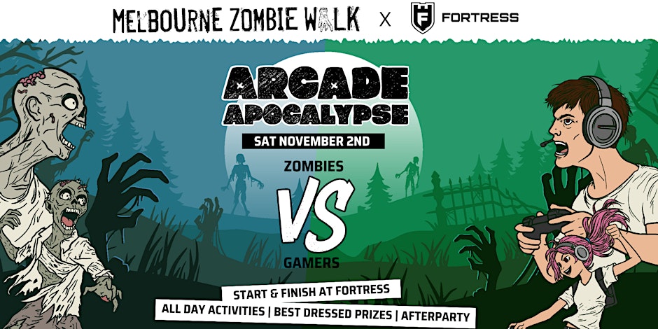 graphical image describing zombie walk event details with illustrations of zombies and gamers