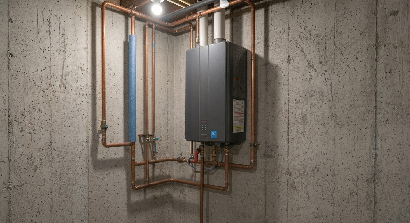 Wall-mounted modern water heater unit connected to copper pipes against a concrete wall.