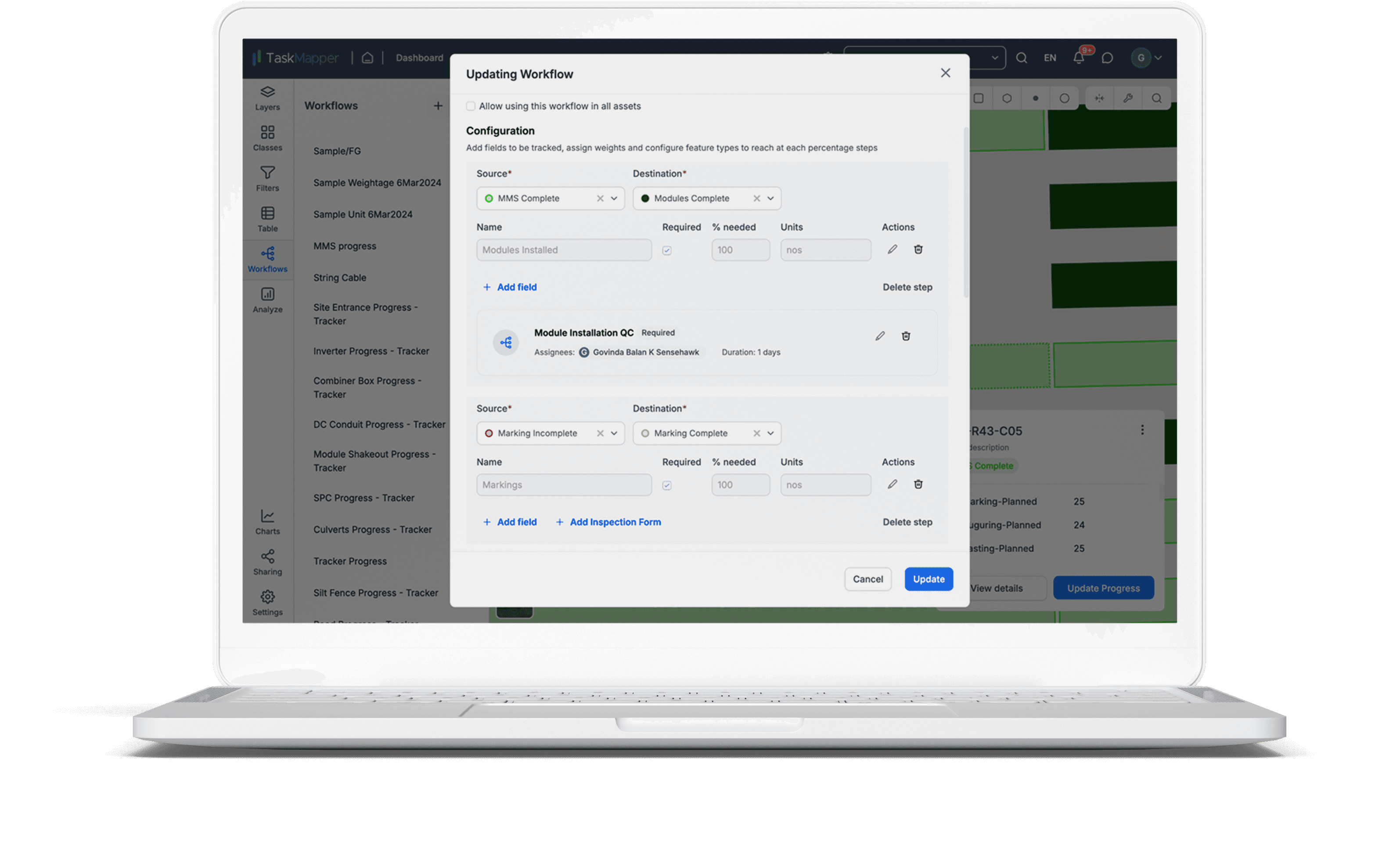 Template for solar construction QC forms flowchart on TaskMapper