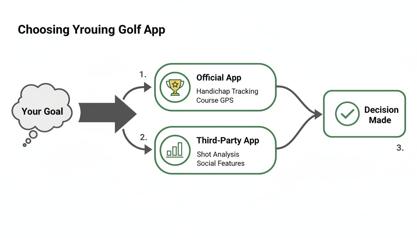 Flowchart detailing the decision-making process for choosing a golf app, comparing official and third-party options.