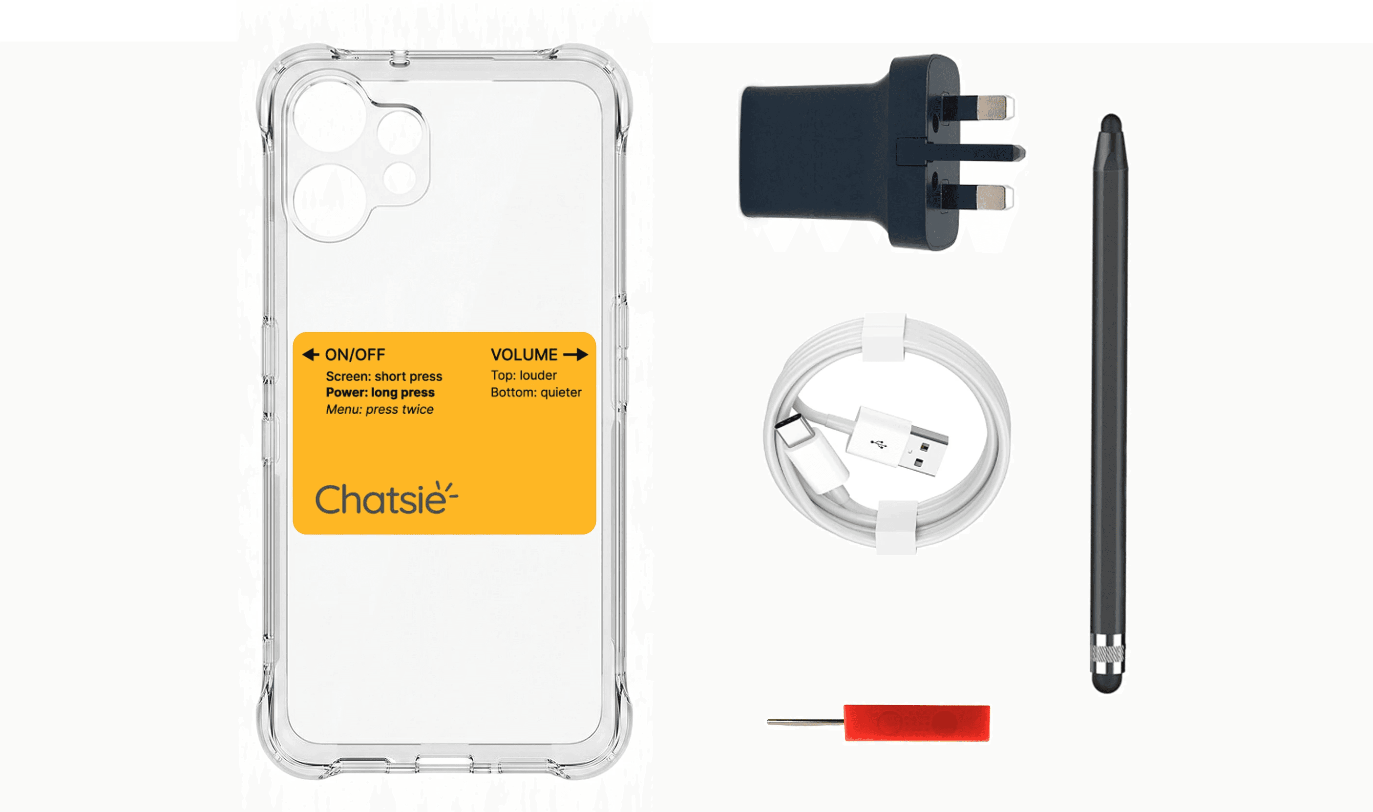 Chatsie phone starter kit including charging plug, USB cable, SIM tool, stylus, and the phone with a yellow instruction card on the back.
