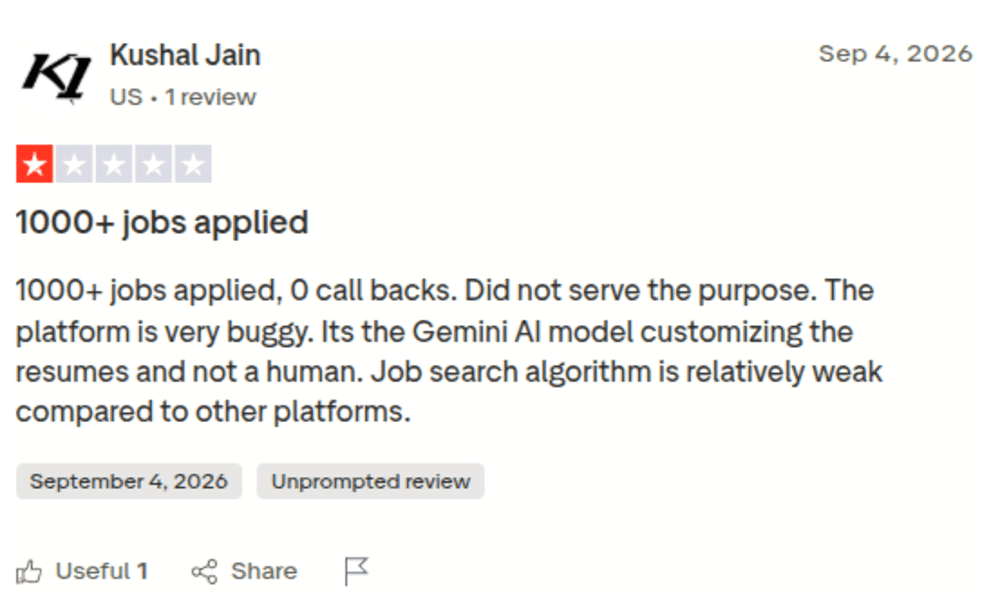 Scale.jobs one-star review reporting 1000+ applications and zero callbacks with AI-written resumes