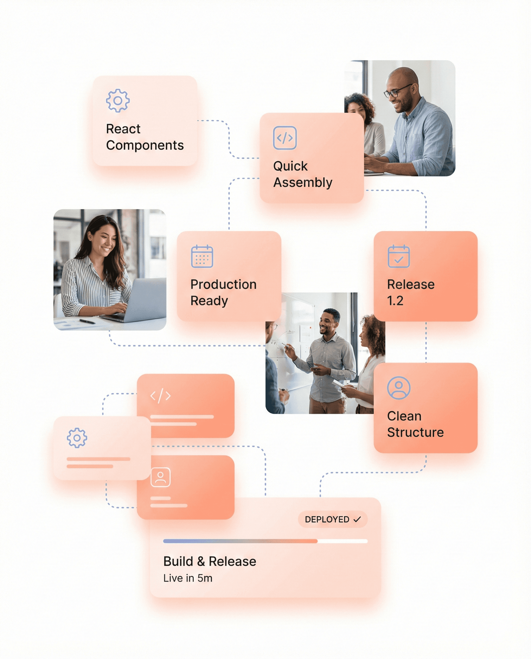 Fast React app development workflow showing clean components assembling into a production-ready SaaS interface for quicker releases