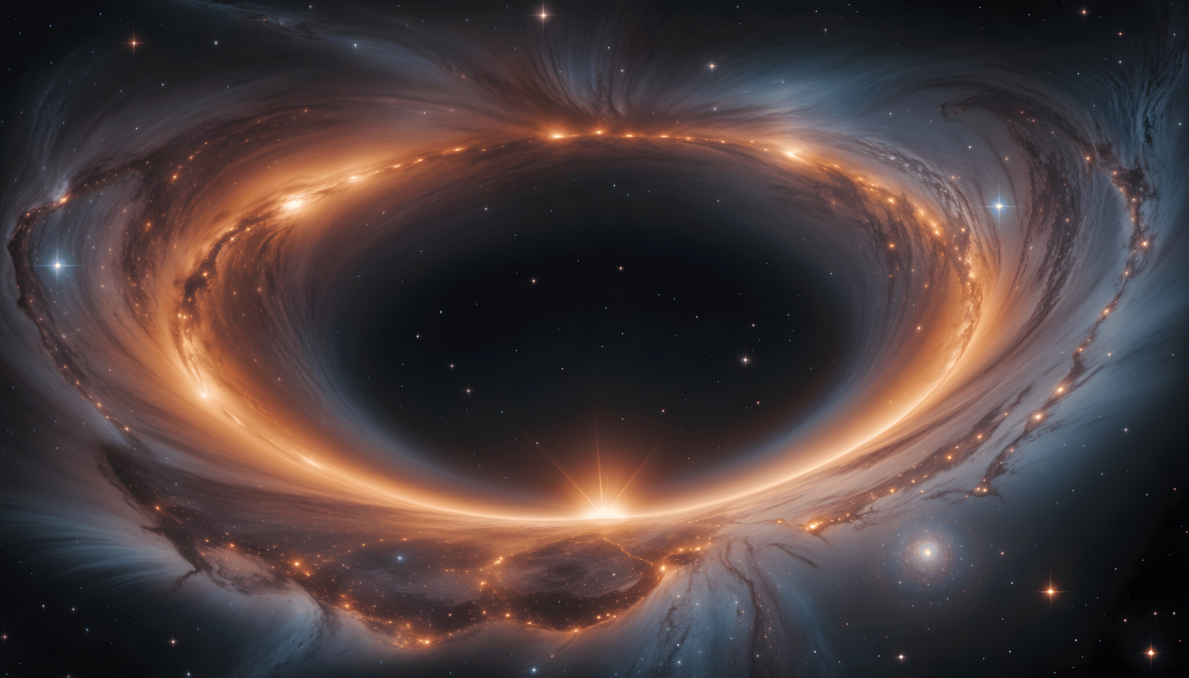 A mesmerizing depiction of a glowing, golden ring swirling in space, resembling a black hole consuming light. Bright stars shine in the surrounding dark void, and streaks of illuminated cosmic dust give the scene a dynamic, ethereal beauty.