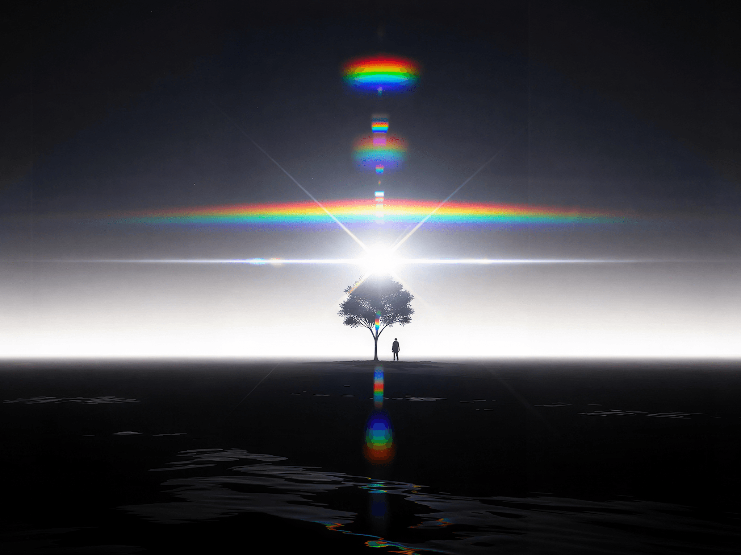 Human figure standing under electromagnetic spectrum light rays on dark horizon — representing the 0.0035% of reality visible to the human eye