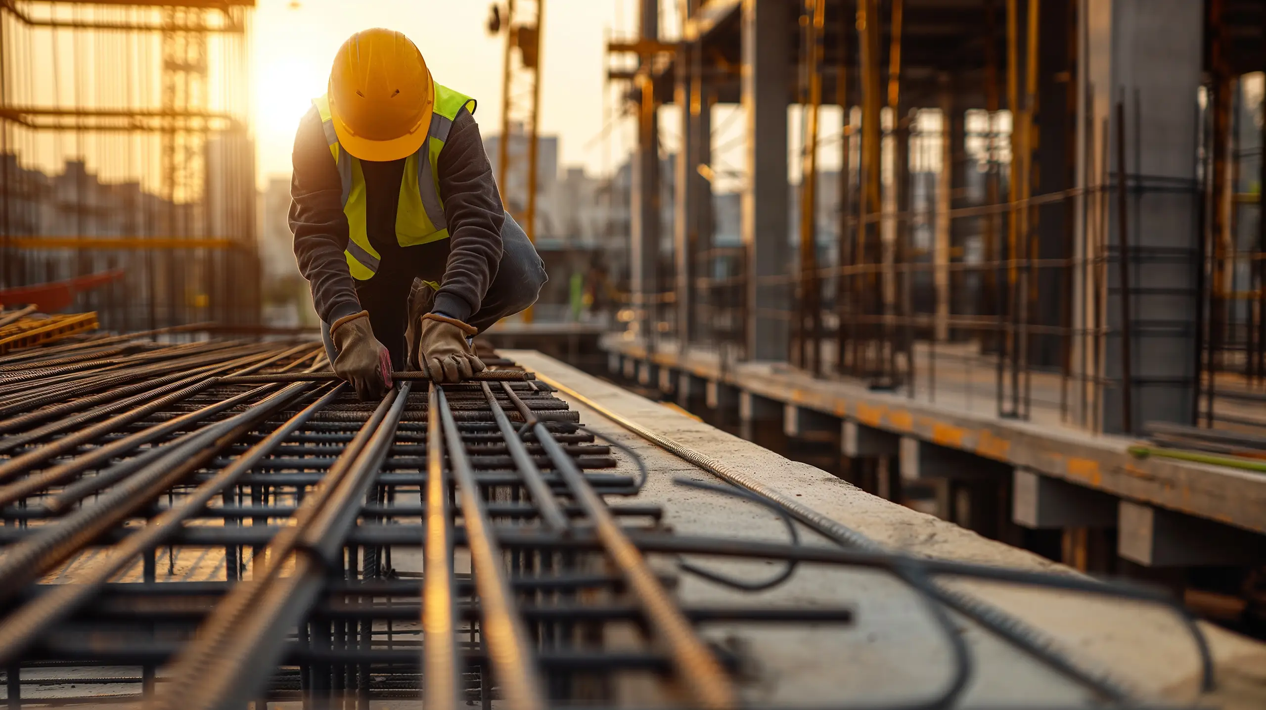 Copilot said:  Construction worker arranging steel rebar on a building site at sunset.