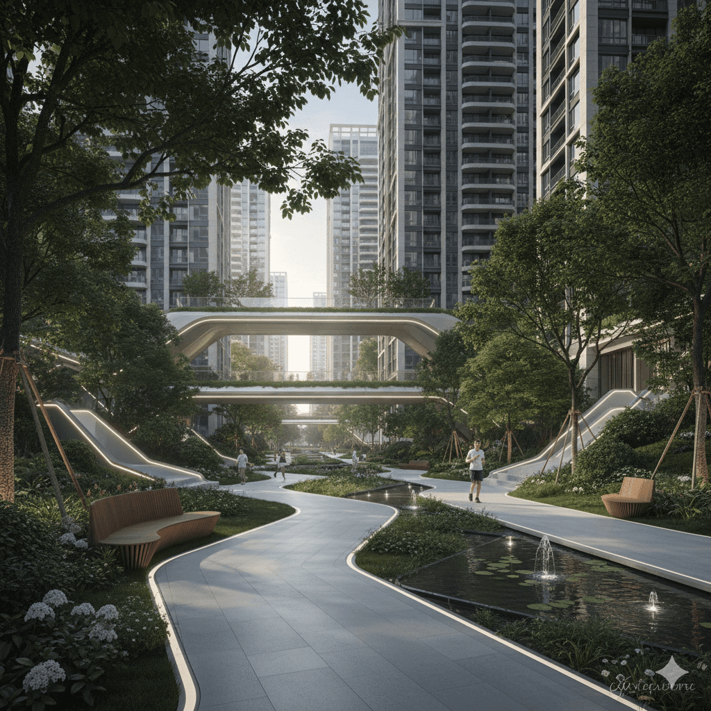 Lush green urban park with pedestrian walkways and modern buildings, car-free pathways in Sector 94