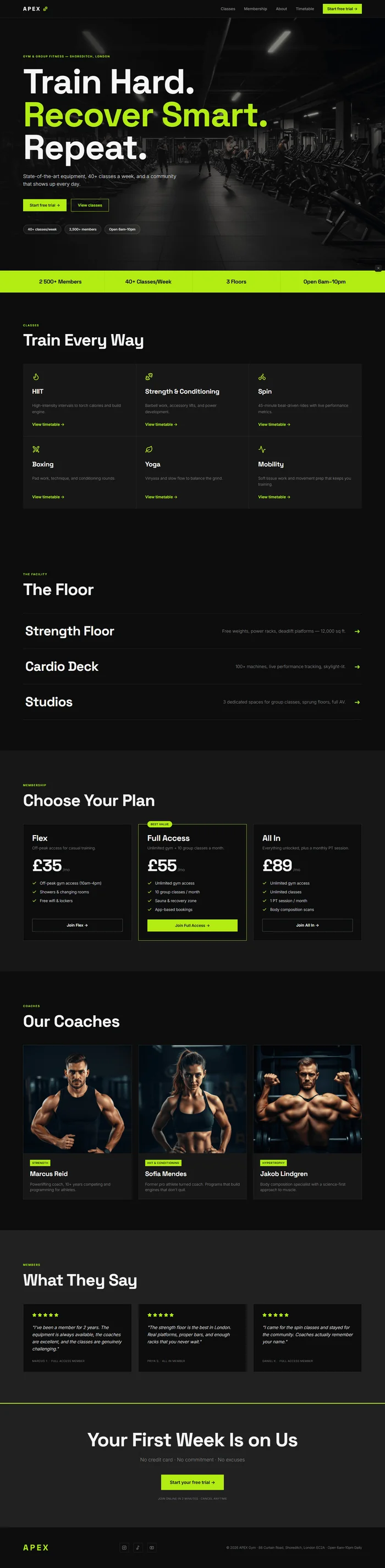 Gym website prompt full preview — near-black #0d0d0d background with electric lime #8fe619 accent, Space Grotesk 700 hero headline left-aligned over full-bleed gym floor image with composition-independent left gradient overlay, full-width lime stats strip with count-up numbers, six-class grid in three-by-two layout with lime hover glow, three hover-raise floor rows, and three-tier membership section with Full Access plan on lime border