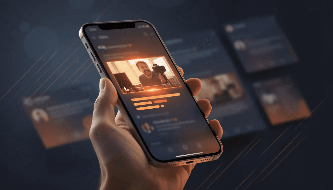 Un smartphone est posé sur une surface, affichant un extrait vidéo avec des sous-titres sur un fil d'actualité de réseaux sociaux, dans des teintes de bleu nuit profond et d'orange vibrant. Cette image symbolise l'importance de la communication visuelle et des podcasts vidéo dans les stratégies marketing des entreprises.