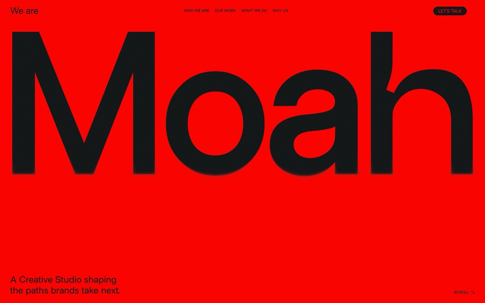 Large black text "Moah" on a red background. Top menu with options and "Let's Talk" button. Small text: "A Creative Studio shaping...