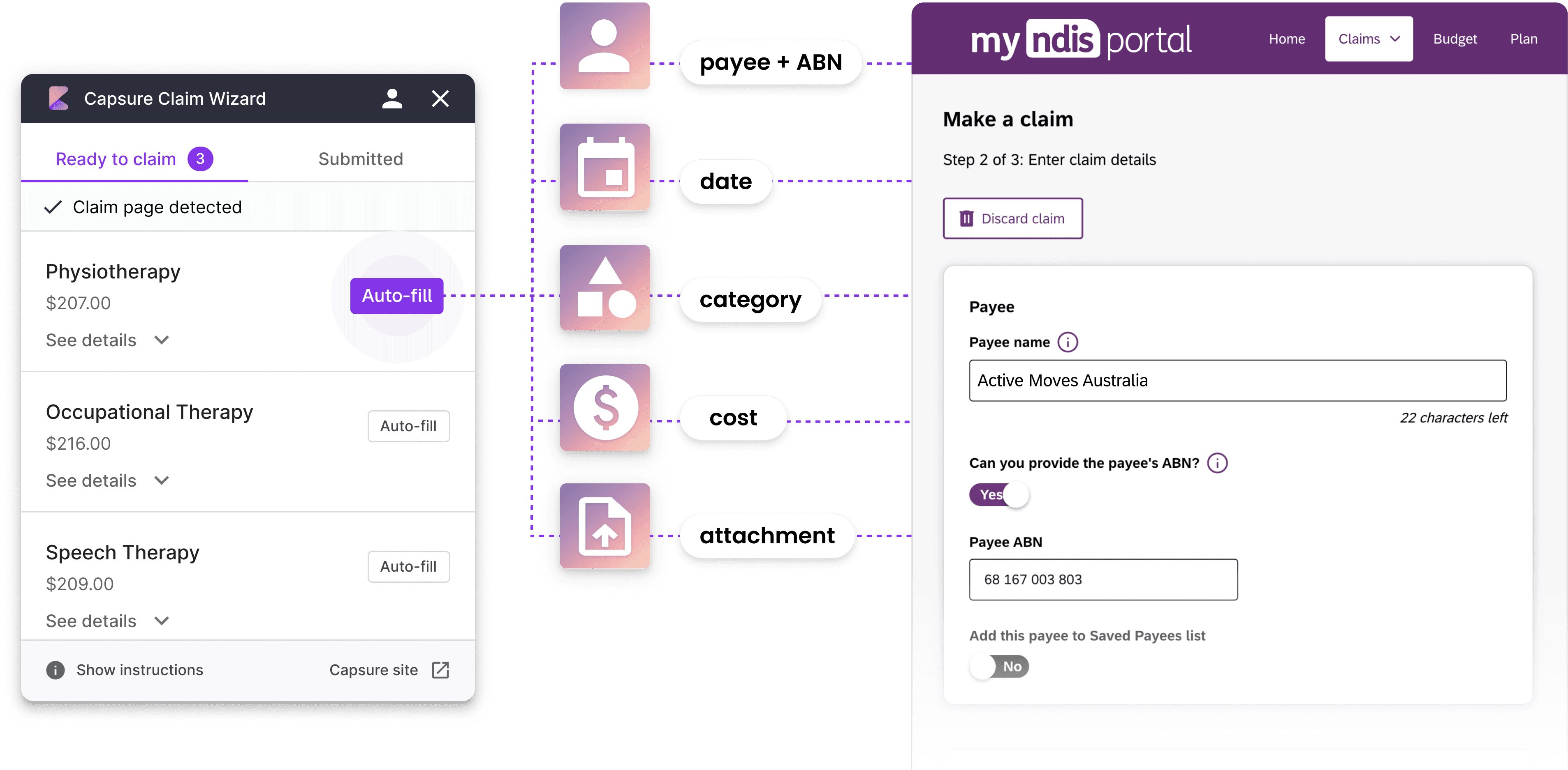 Claim Wizard Chrome extension auto-filling the myNDIS Participant Portal claim form.