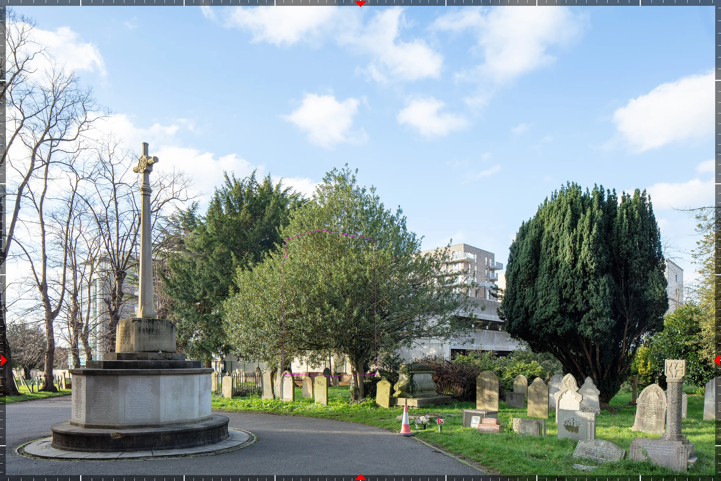 AVR1 verified view of the proposed EV Charging Station development from St Mary's Churchyard, Albert Street, Slough, produced by Eye-Kon for the planning application.