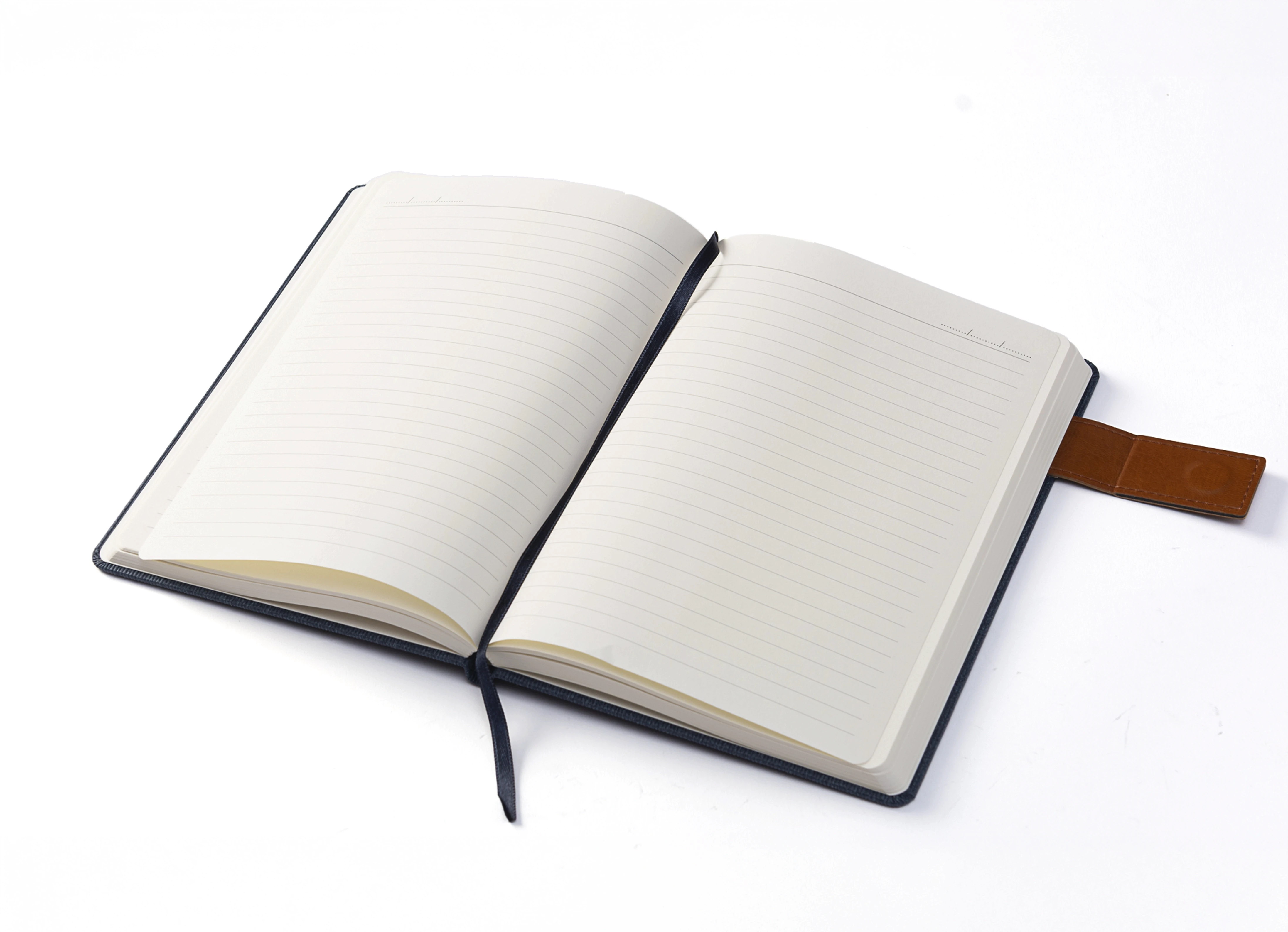 Open notebook displaying lined pages and blue ribbon bookmark.