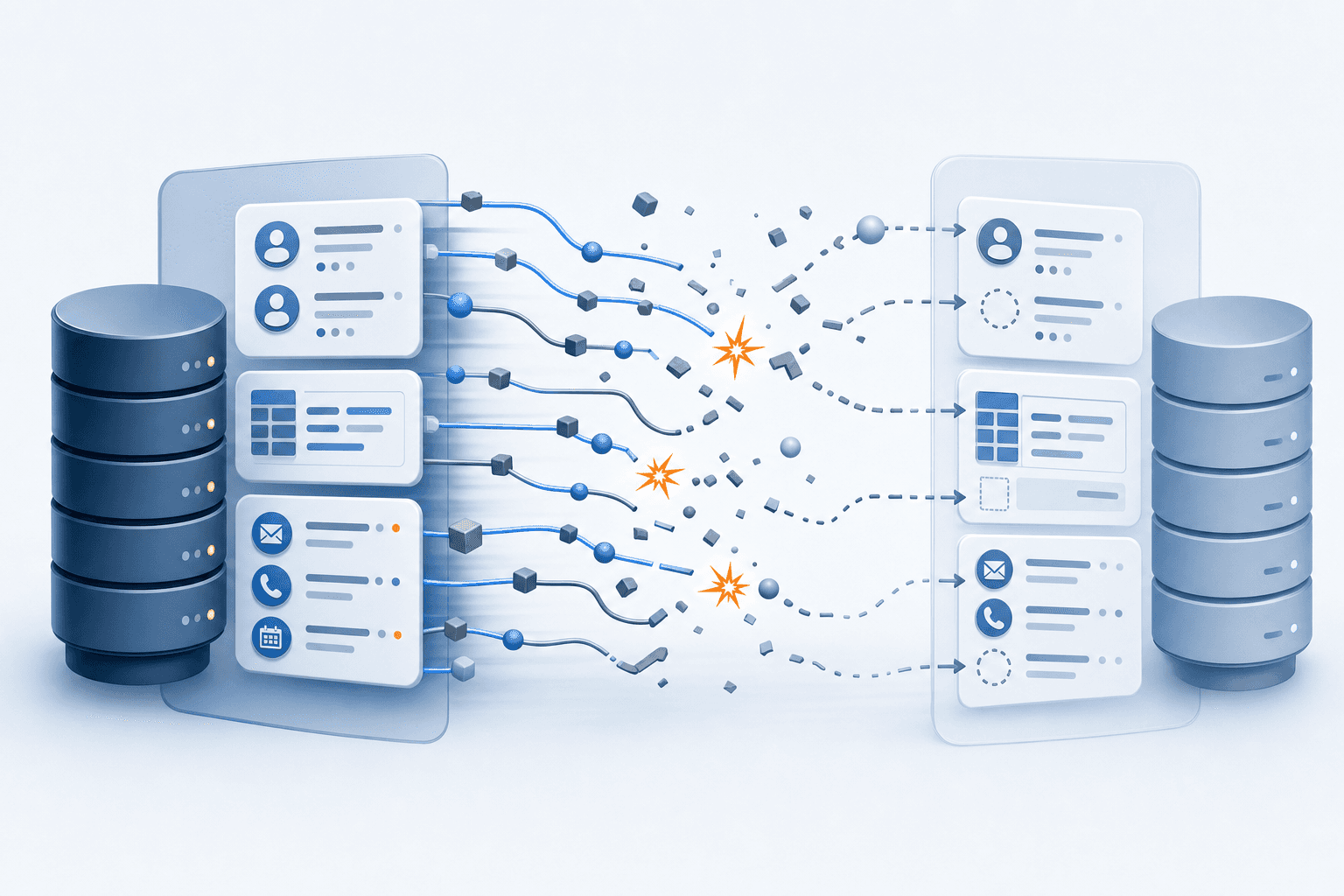 Abstract visualization of data migration and system transformation showing fragmented or broken data connections. Visualize database records, contact objects, and activity logs being moved between systems with some connections breaking or becoming incomplete. Show data flow disruption with scattered nodes, incomplete pathways, or missing links between database elements. Modern, clean business illustration style with blues, grays, and subtle orange accents to indicate disruption points. Technical but accessible aesthetic. No text or letters.