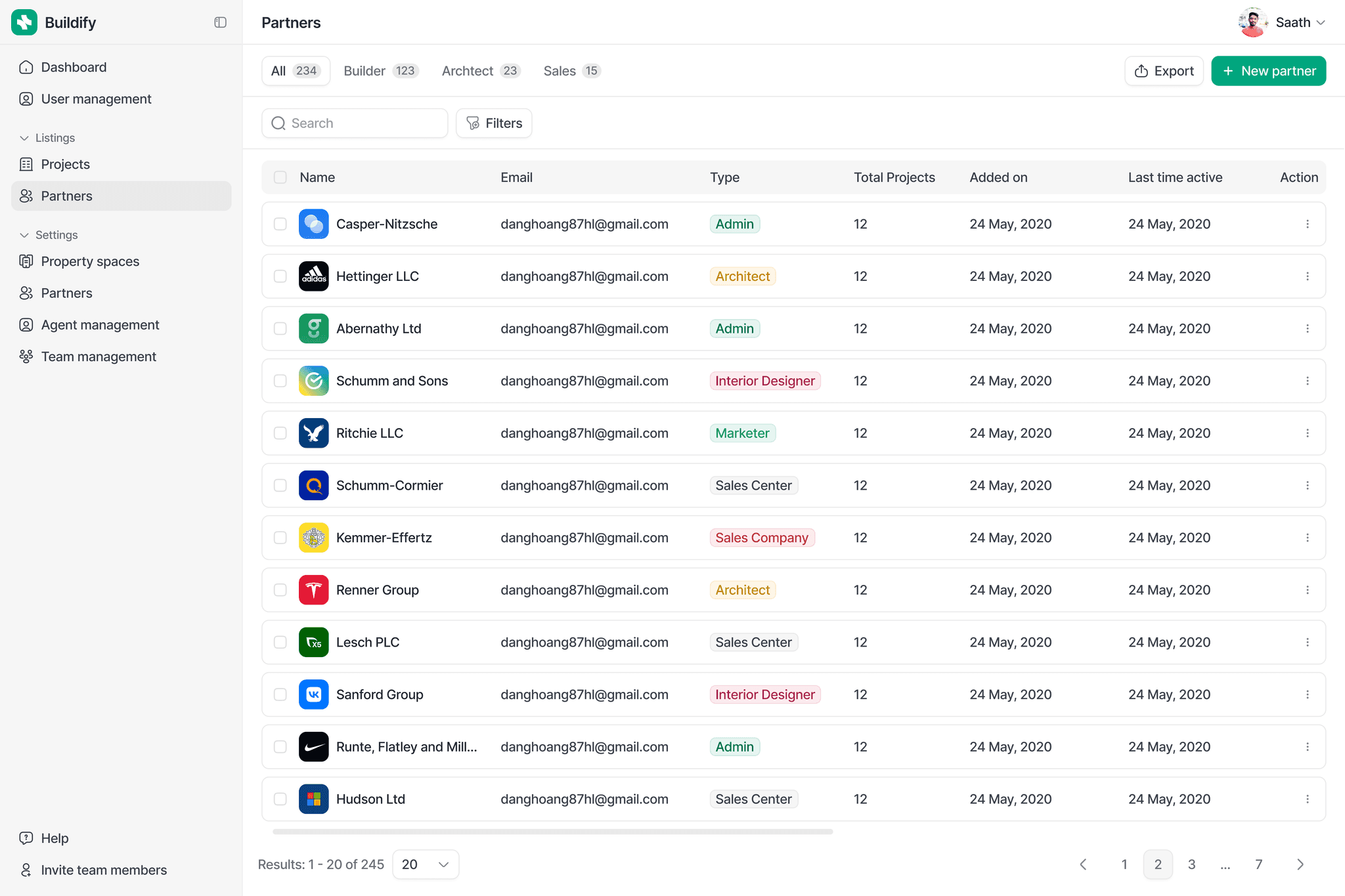 Admin partner management dashboard for a real estate SaaS platform showing builders, architects, sales teams, project counts, filtering options, and structured data table view.