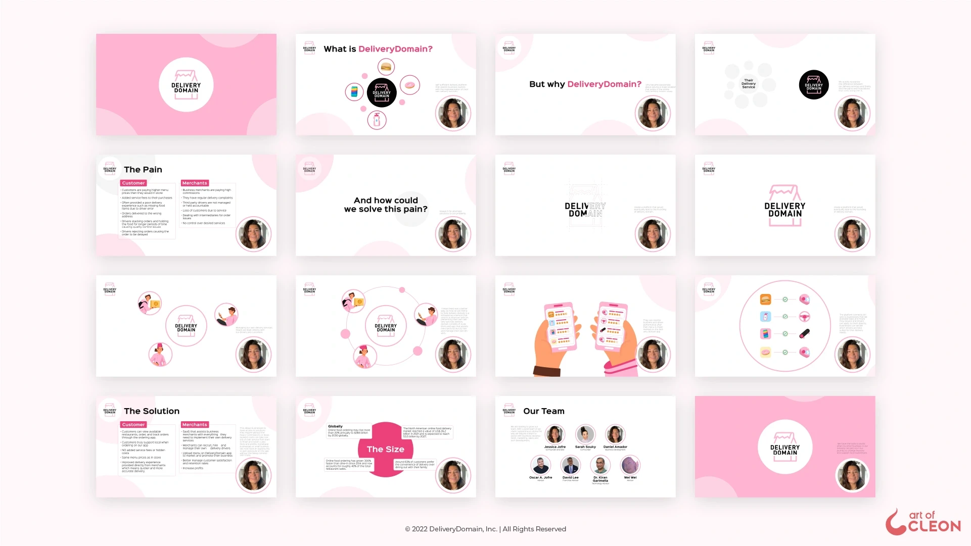 Sixteen presentation frames showing the title, delivery model, customer and merchant information, product illustrations, market figures and team.