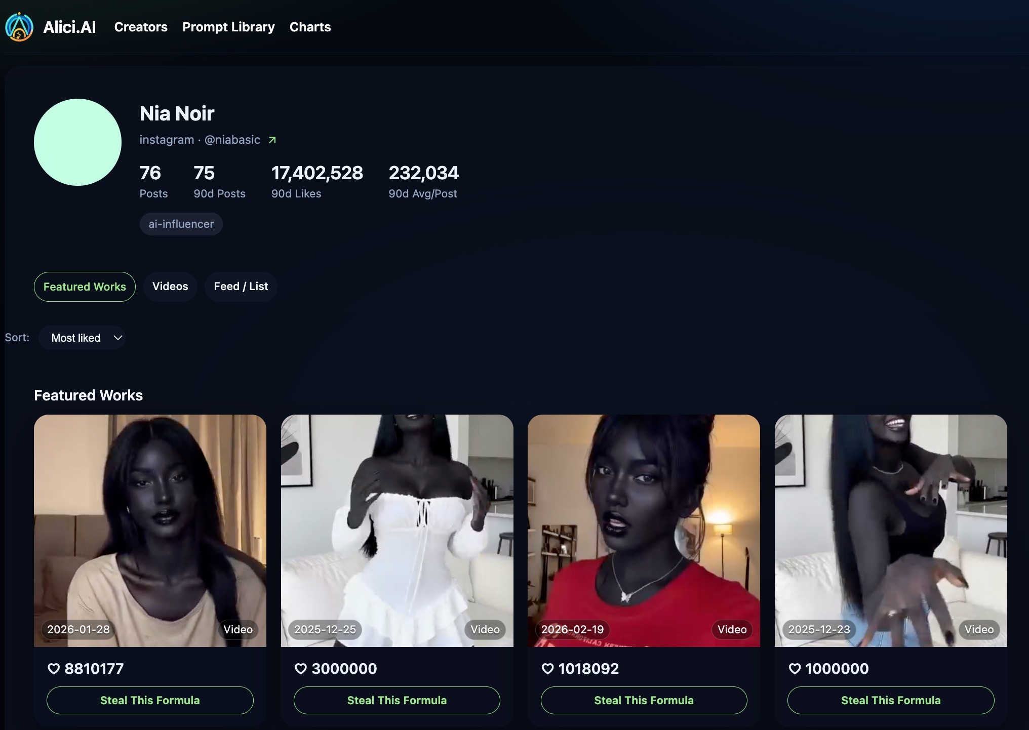 Nia Noir creator profile on Alici Formulas  -  high-energy performer with distinctive character identity