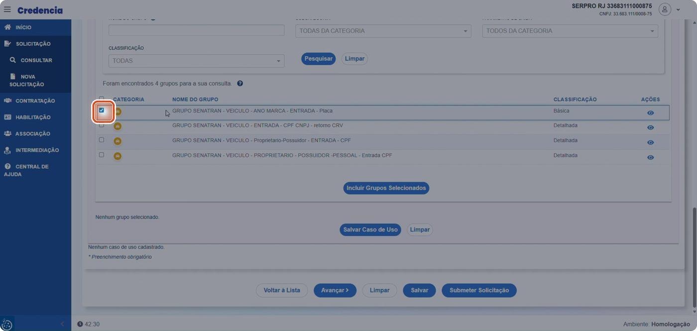 Captura de tela de referência do Credencia para Passo 3 — Selecionar os grupos desejados. Contexto: 14 — Grupo de Informações.