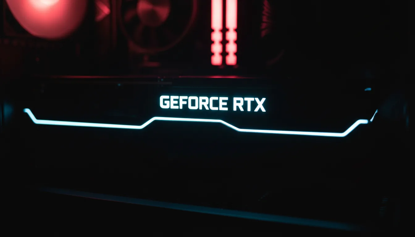 DSLR close-up photograph of an NVIDIA GeForce RTX graphics card mounted horizontally inside a dark computer case, cinematic contrast lighting, the bright white illuminated "GEFORCE RTX" logo is the main light source, cool blue light reflects off the top edge of the matte black GPU shroud, out-of-focus red and magenta LED lights create a soft bokeh effect in the pure black background, sharp focus, shallow depth of field.