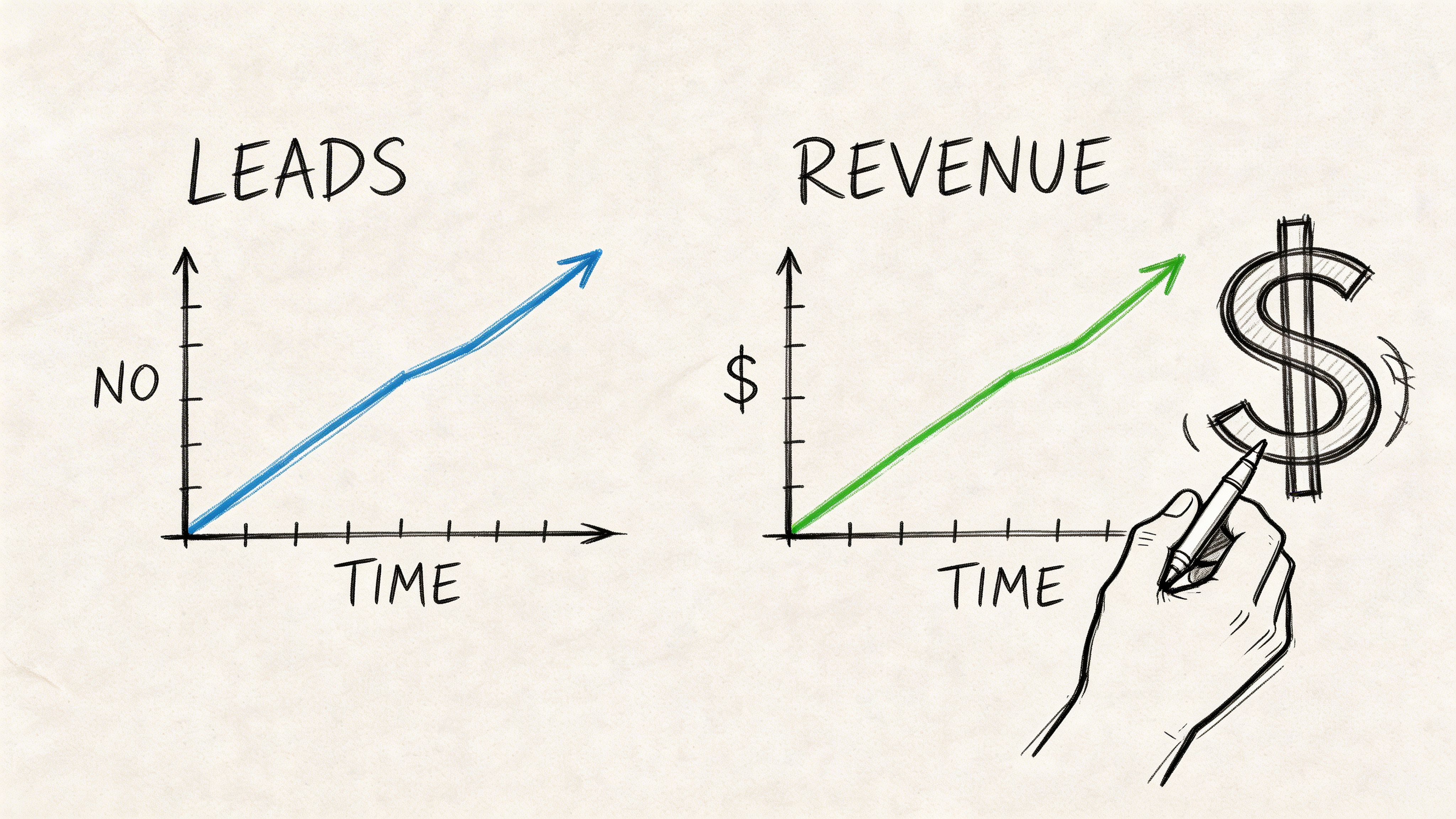 A hand-drawn illustration showing two line graphs indicating steady growth in both business leads and revenue.