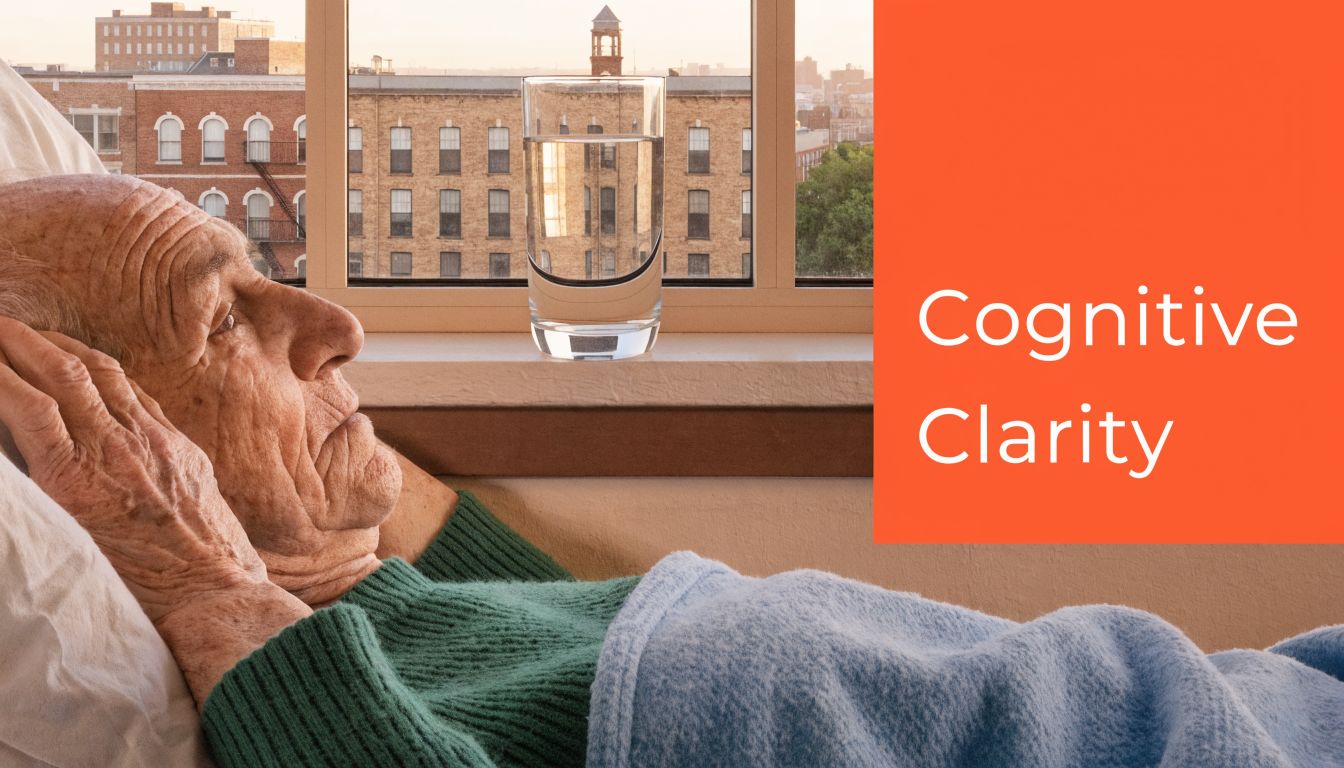 An elderly man resting in bed while looking out of a window with a glass of water.