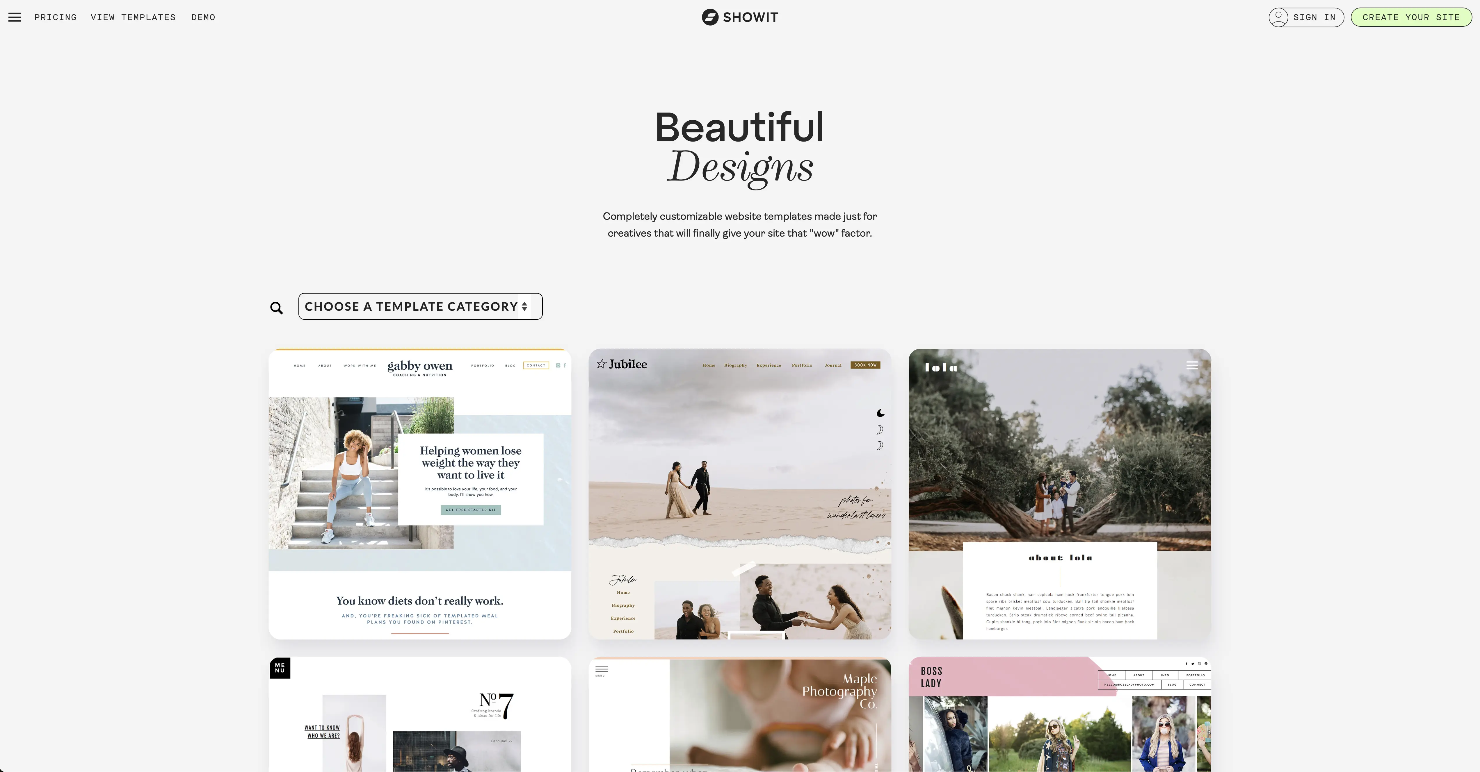 A screenshot of the Showit template marketplace